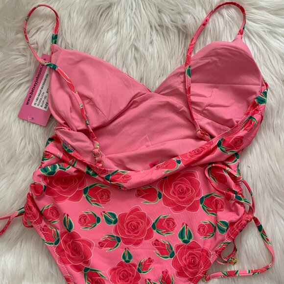 BETSEY JOHNSON Rose V-Neck Cinched Sides One Piece Swimsuit in Pink/Red Sz M - Picture 7 of 8
